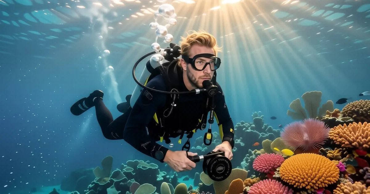 A diver in perfect horizontal trim gliding over a coral reef at 18 meters depth.