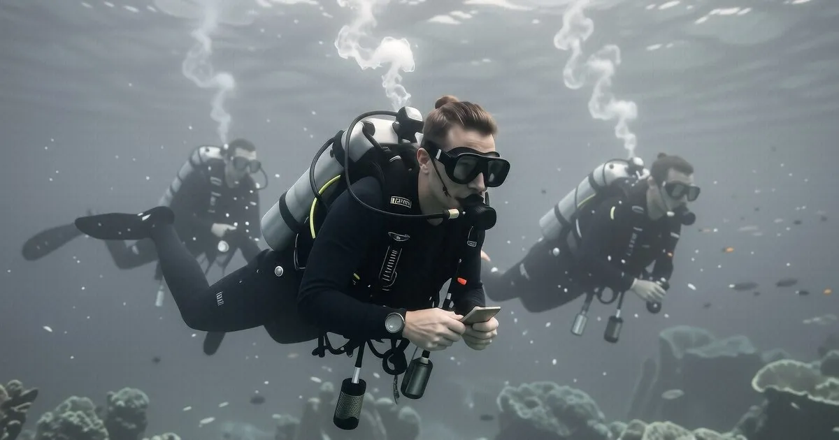 A diver in perfect horizontal trim gliding over a coral reef at 18 meters depth.