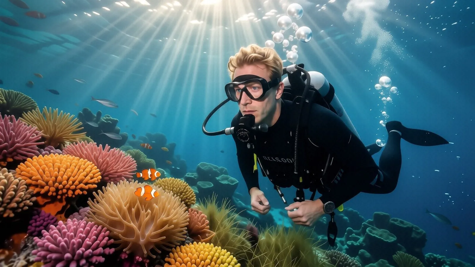 A submerged pinnacle covered in colorful carpet anemones with reef sharks passing by in Phuket, Thailand.