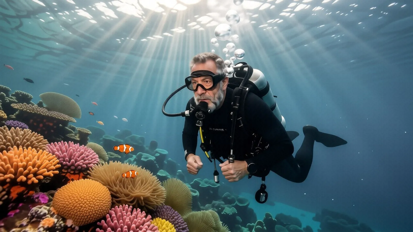 A diver swims near the USS Liberty wreck in Tulamben, Bali, with clear blue water and sunlight filtering through.