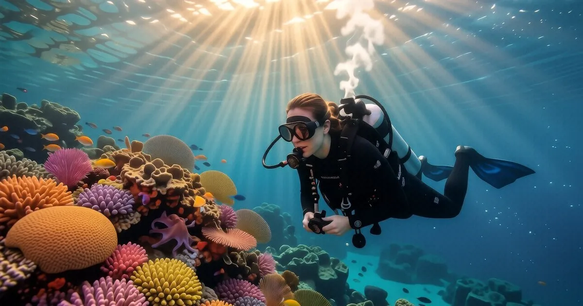 A diver performing the Frenzel maneuver underwater near a coral reef in Koh Tao.