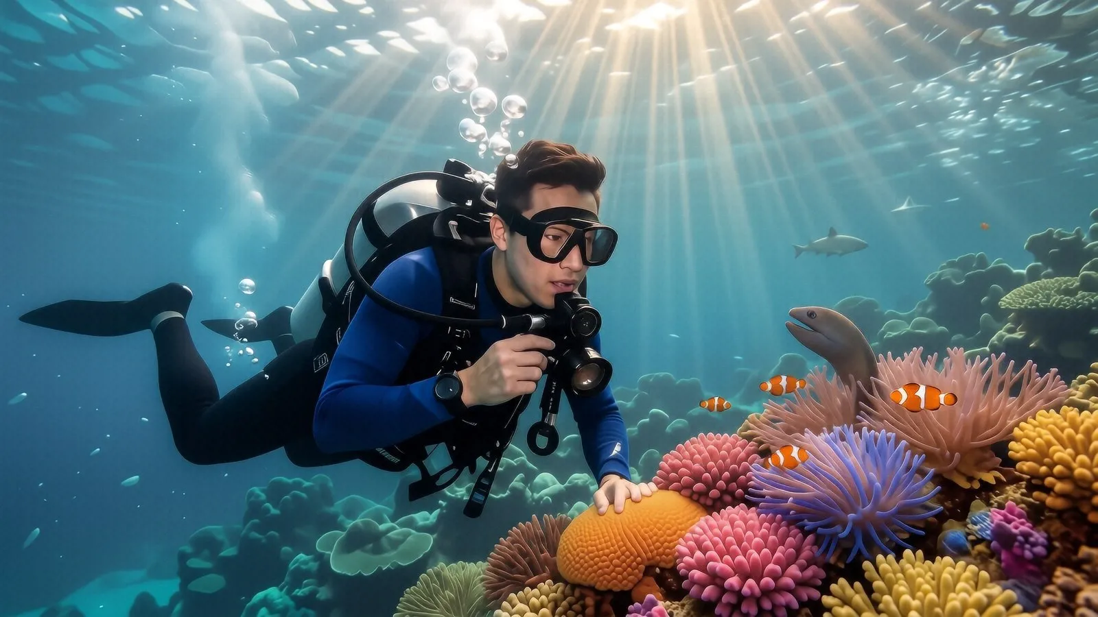 A sharp underwater pinnacle at Batu Bolong in Komodo National Park surrounded by schools of barracuda and reef sharks.