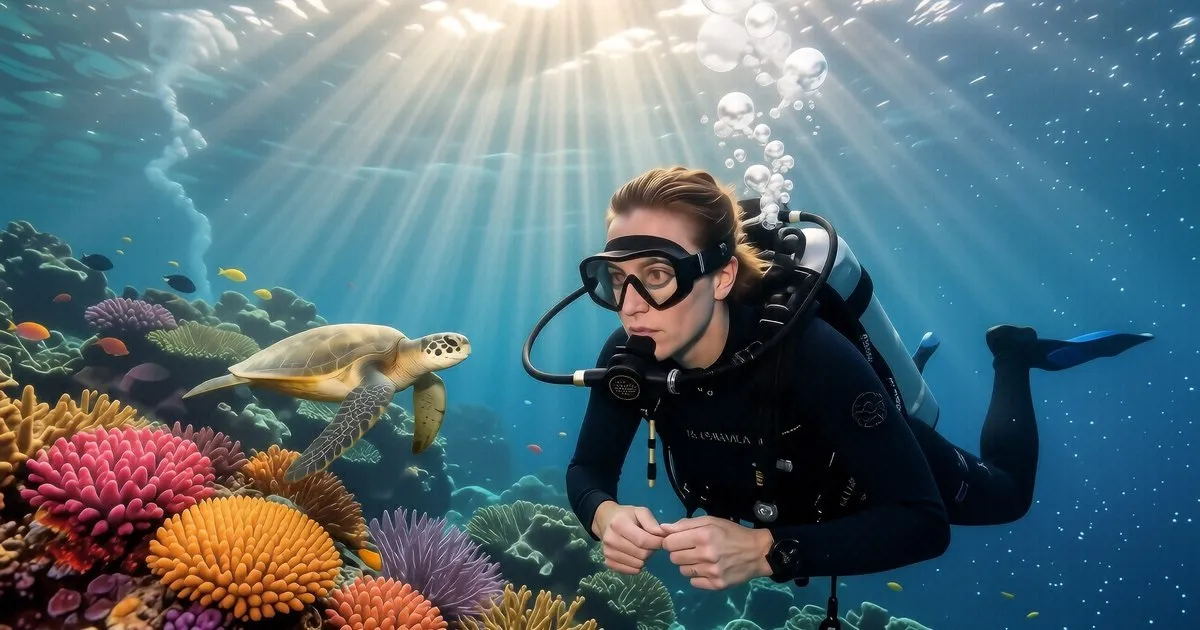 A small dive boat anchored near a coral reef with divers preparing gear on the deck.