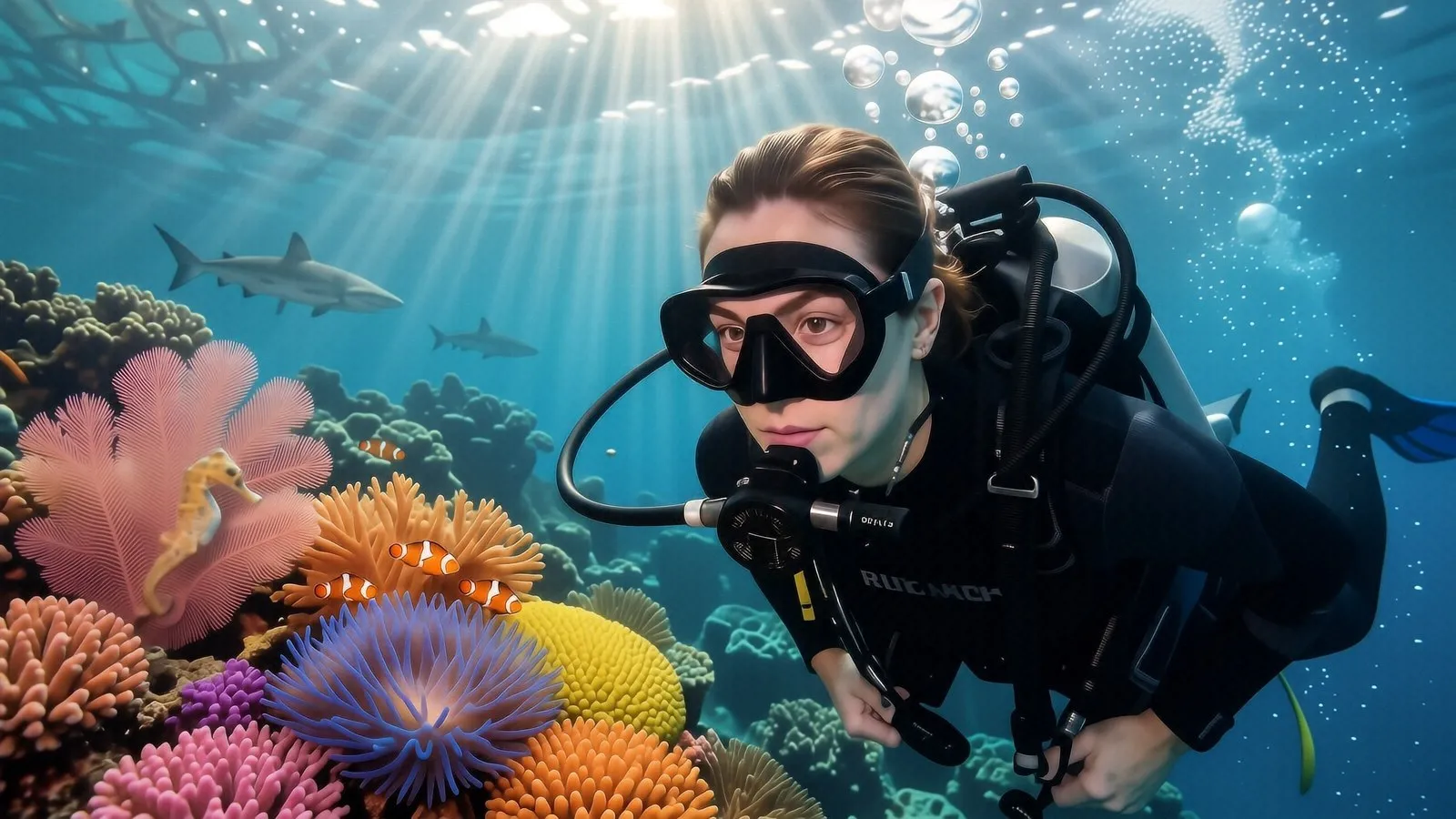 A steep underwater pinnacle at Castle Rock in Komodo featuring grey reef sharks and schooling barracuda in strong currents.