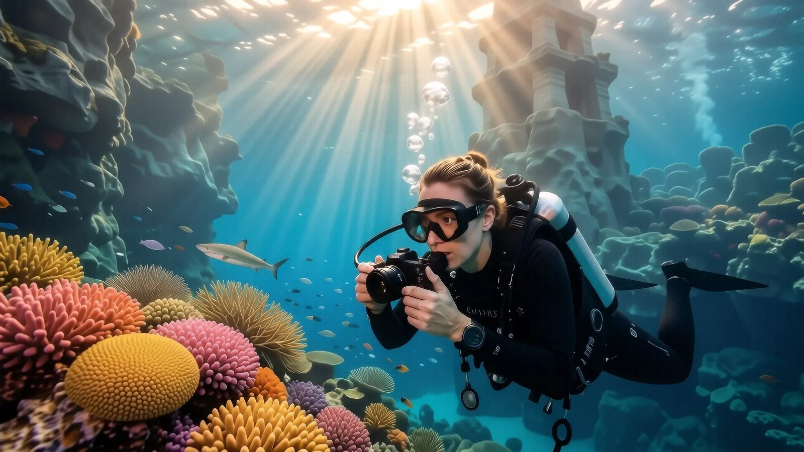 Divers drifting through heavy currents at Shotgun site in Komodo National Park with sharks and barracuda.
