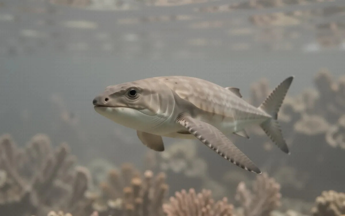 A large school of Chevron Barracuda swimming in formation against a blue ocean background.
