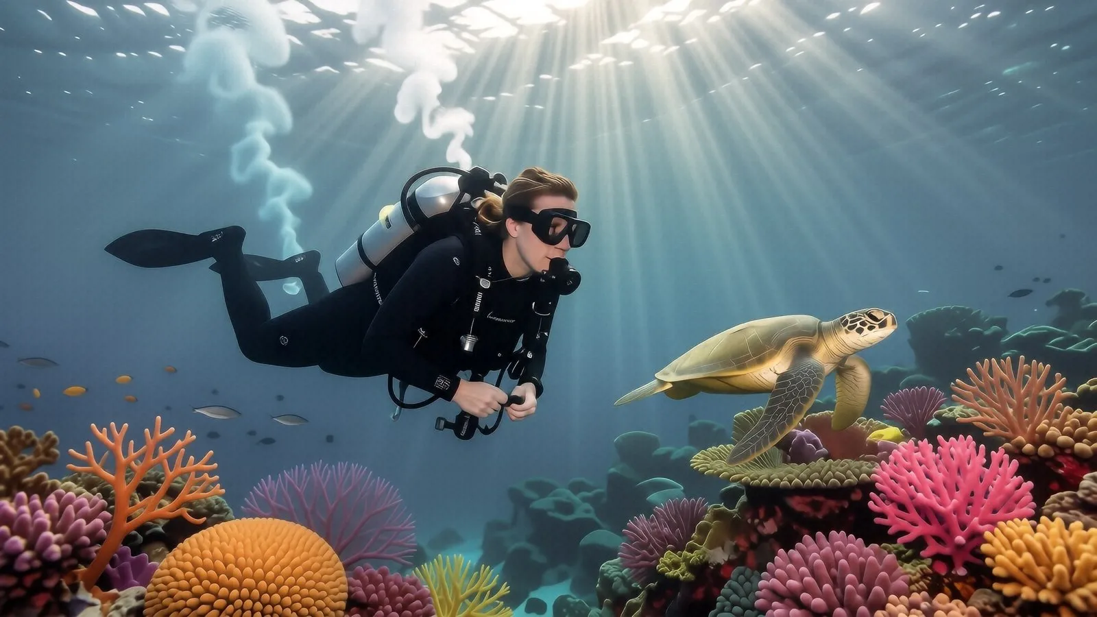 A steep underwater rock pinnacle with schools of barracuda and reef sharks in Koh Tao.