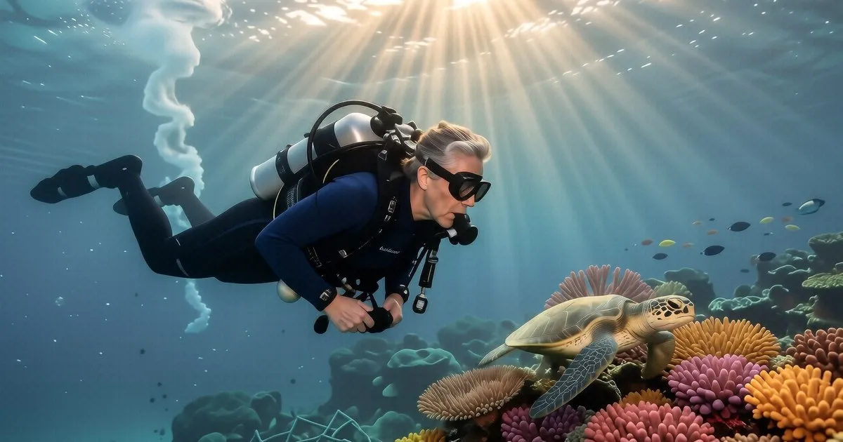 A diver checks a dive computer at 35m depth near a coral wall in Komodo.