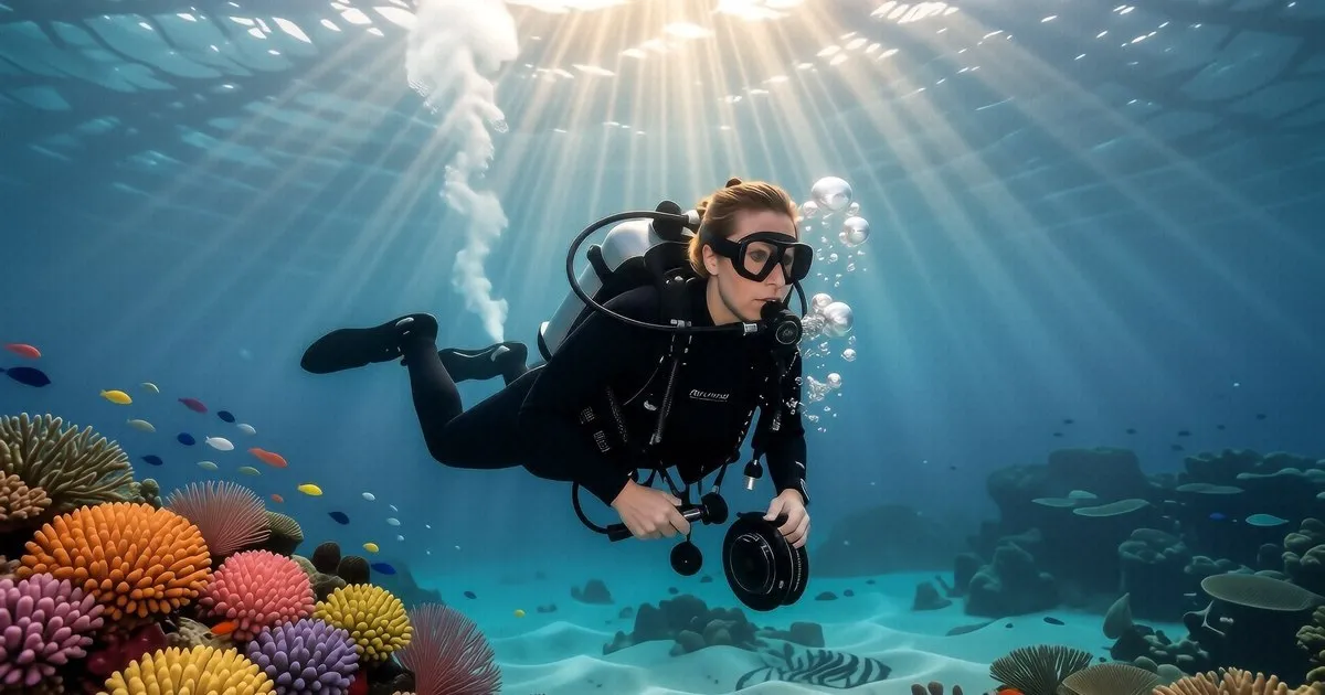 A diver checks a Shearwater Perdix wrist dive computer at 18m depth in Komodo.