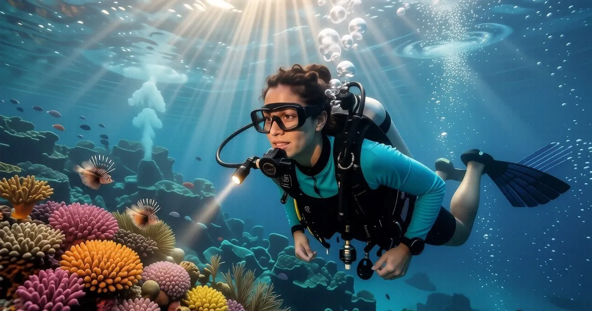 A diver uses a high-lumen black dive torch to illuminate a reef wall at night in Koh Tao.