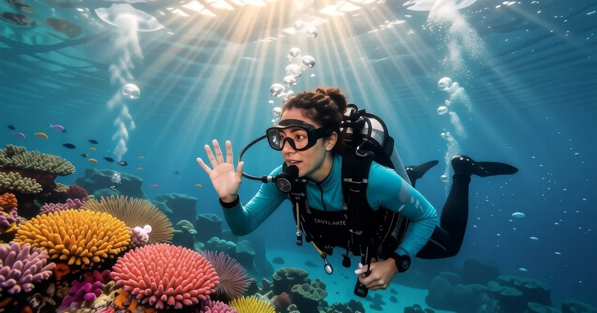 A divemaster checking air pressure on a scuba tank during a training session in Koh Tao.