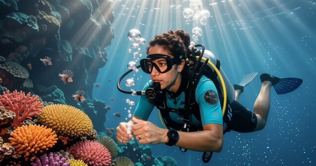 A diver checking their air pressure gauge on a small dive boat in Koh Tao, Thailand.