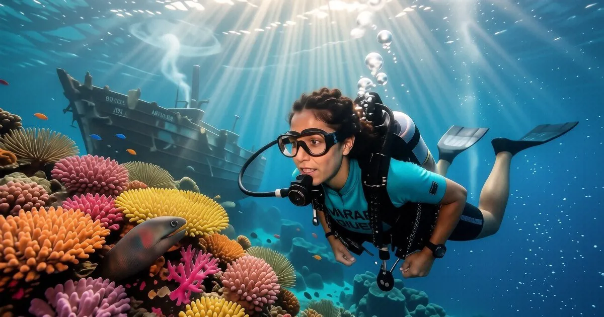 A child in a small wetsuit practices buoyancy in a shallow tropical reef setting.