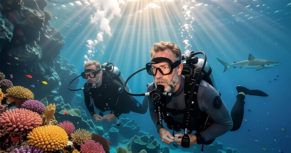 A scuba diver checking their dive computer near a coral reef in Komodo, Indonesia.