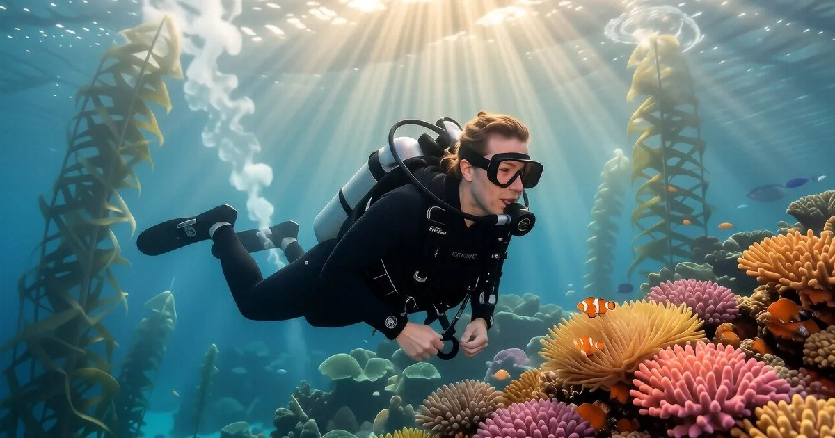 A diver using a reef hook to stay stationary on a coral wall during a strong current in Komodo.