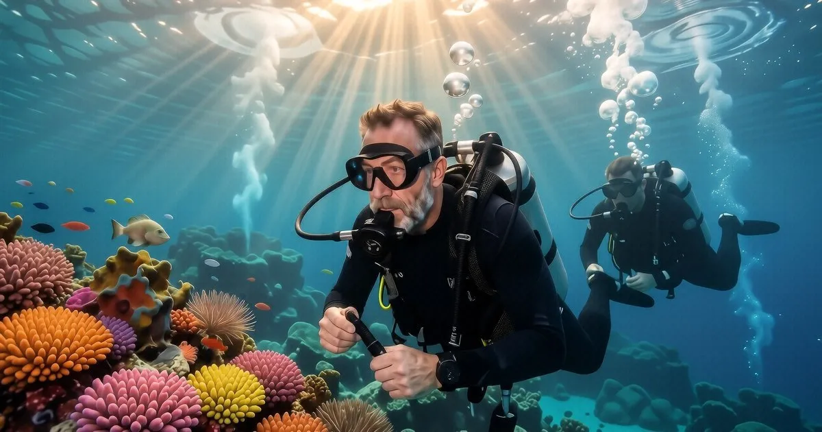 A diver in blue water using black paddle fins with stainless steel spring straps.