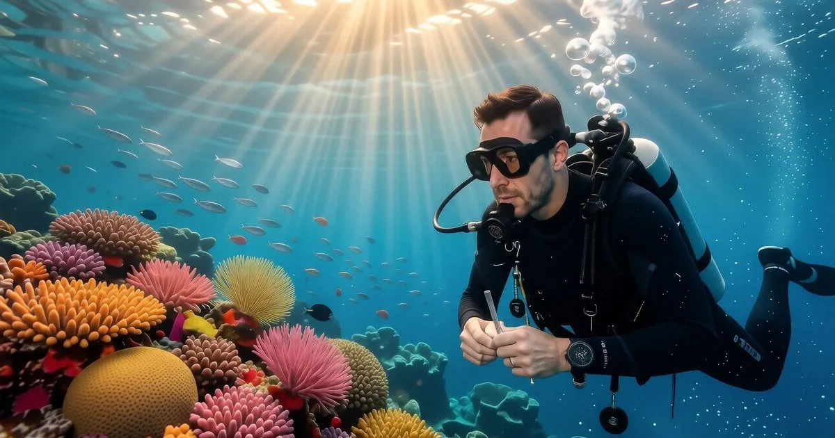 A close-up of a scuba diver checking a dive computer on a boat deck in Koh Tao.