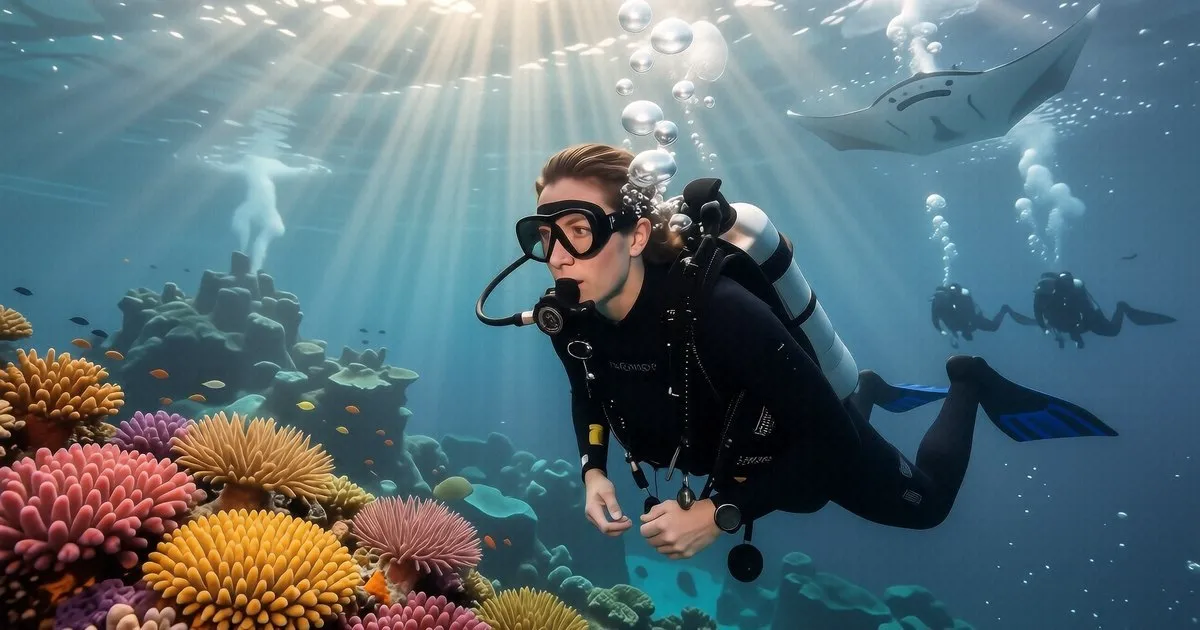 A freediver performing constant weight descent in deep blue water using long carbon fins.
