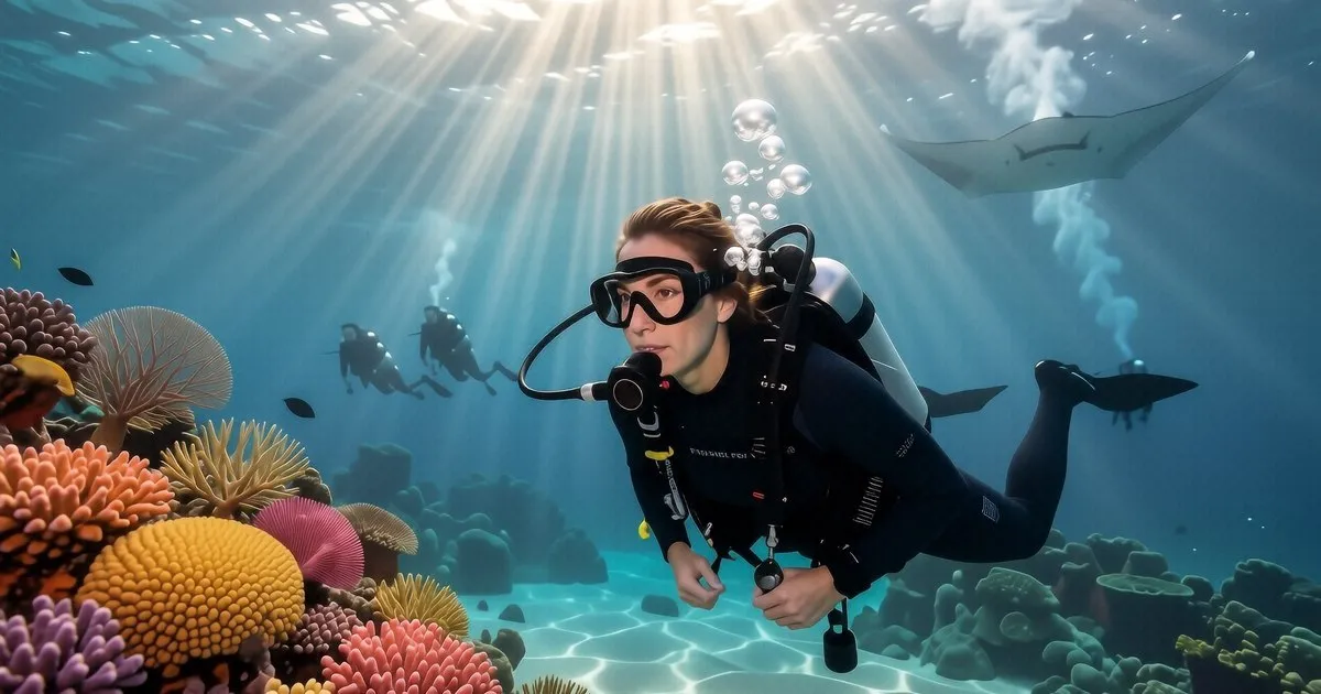 A freediver performing a mouthfill equalization at 40 meters depth in Koh Tao waters.