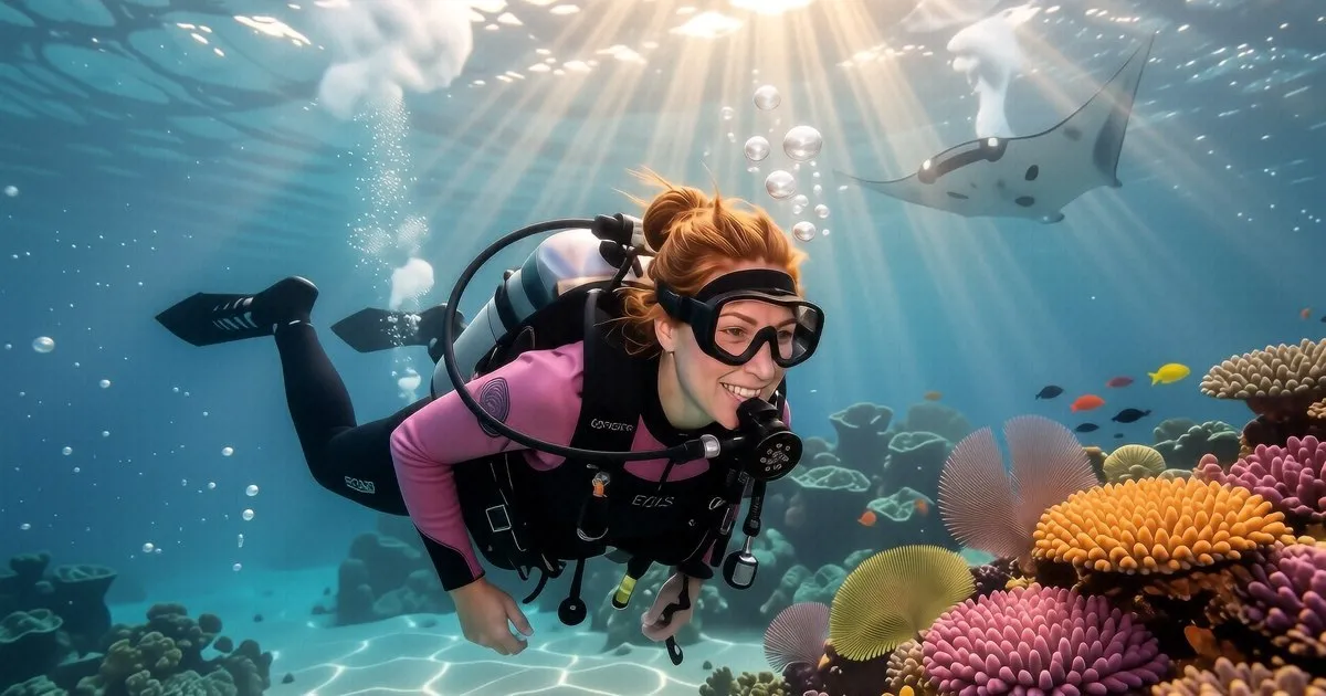 A freediver performing hook breathing at the water surface in Koh Tao.