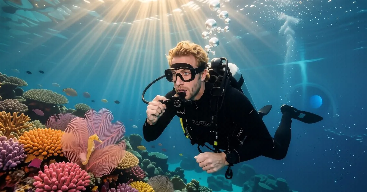 A freediver ascending toward the sunlight in blue water, showing the transition from depth to surface.