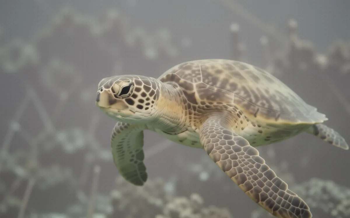 A large Green Sea Turtle swimming near a coral reef in clear tropical waters.