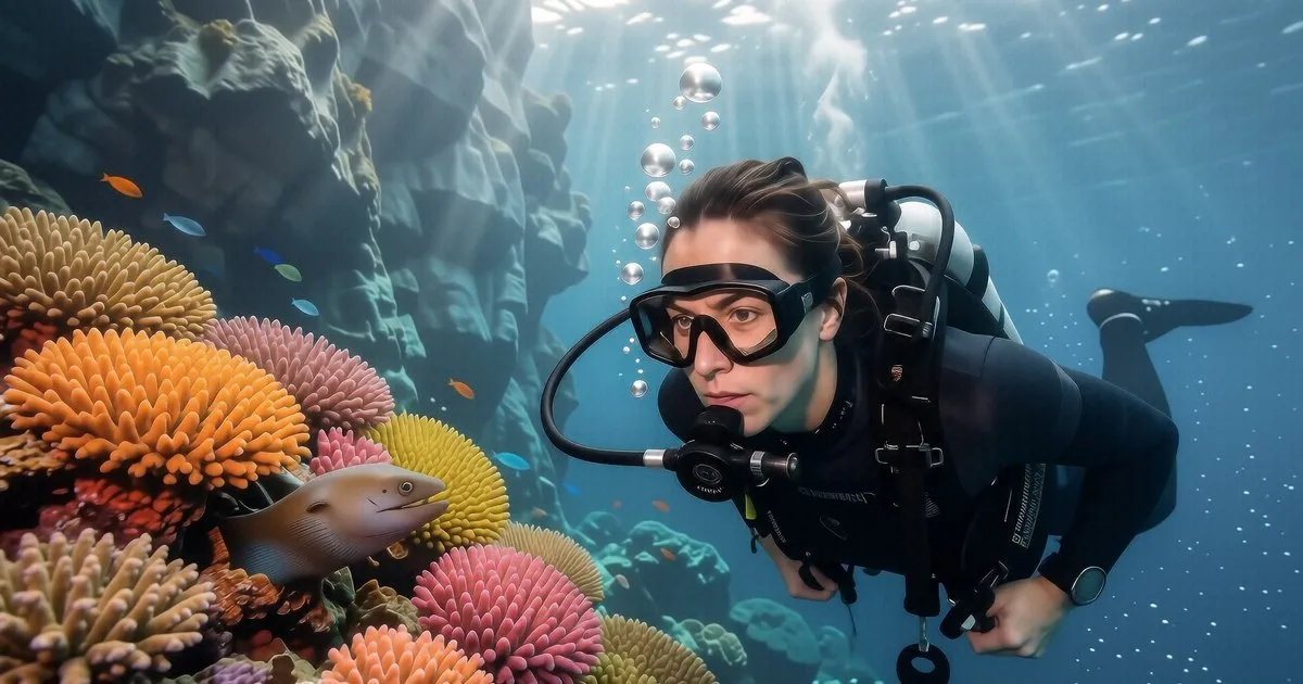 A large whale shark swimming near a coral reef in Koh Tao waters.