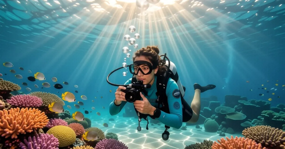 A diver holds a black silicone dive mask against their face to perform a suction test in a brightly lit shop.