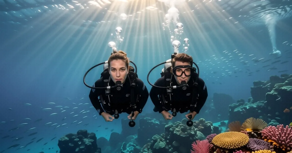 A diver uses a high-lumen flashlight to illuminate a large octopus on a coral reef at night.