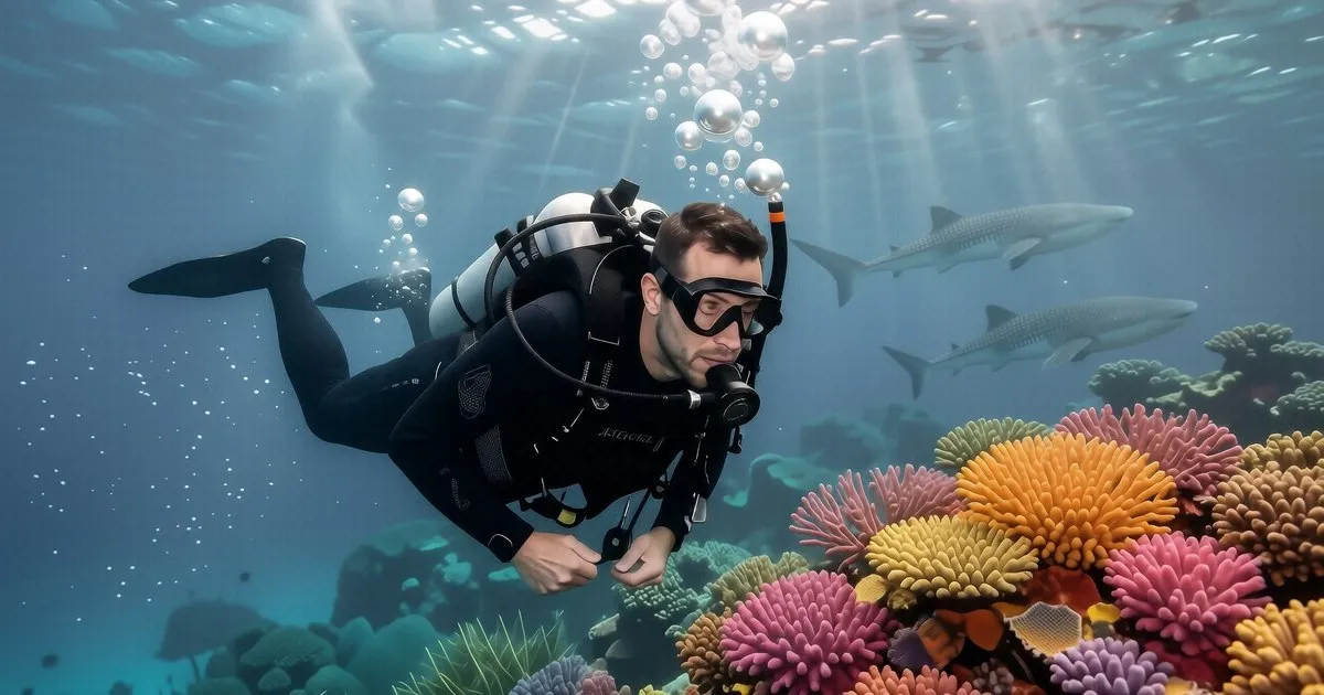 A diver checking their depth gauge at 35 meters in blue water.