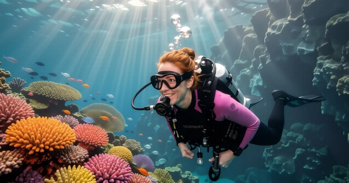 A diver checks a dive computer displaying EAN32 oxygen percentage on a boat in Koh Tao.