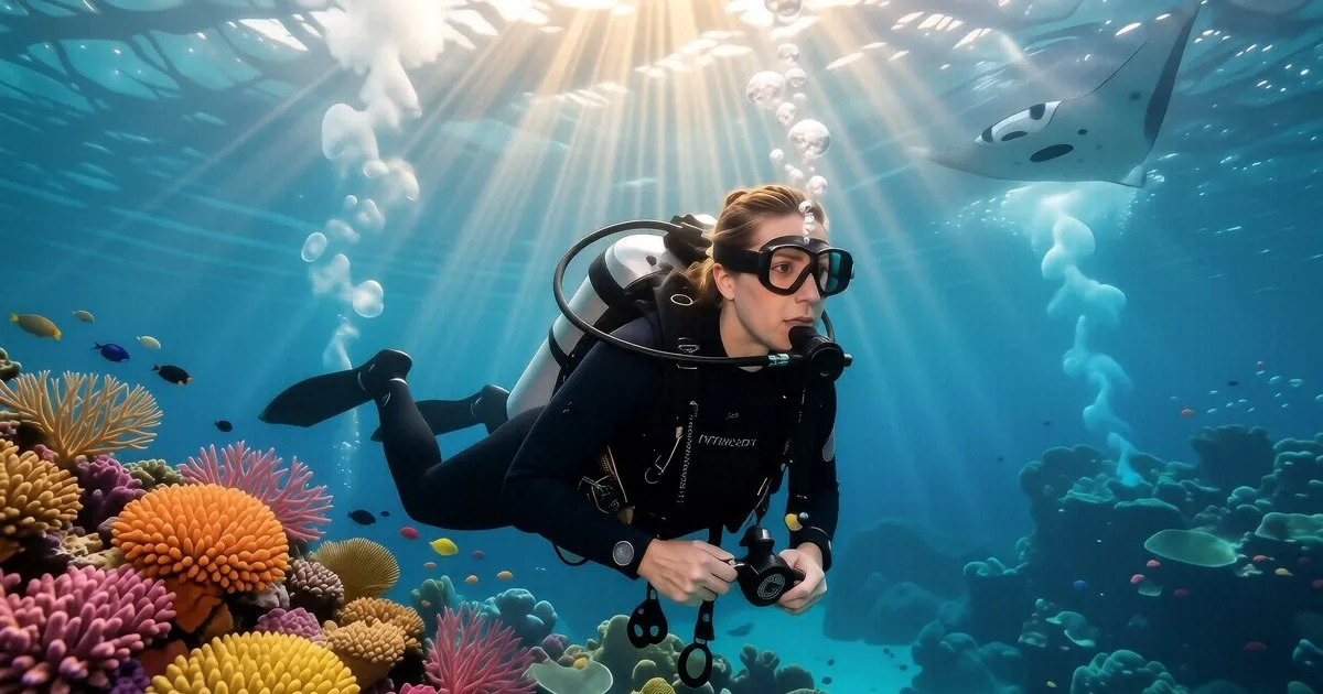 A diver checking their pressure gauge at 18m depth near a coral reef in Koh Tao.