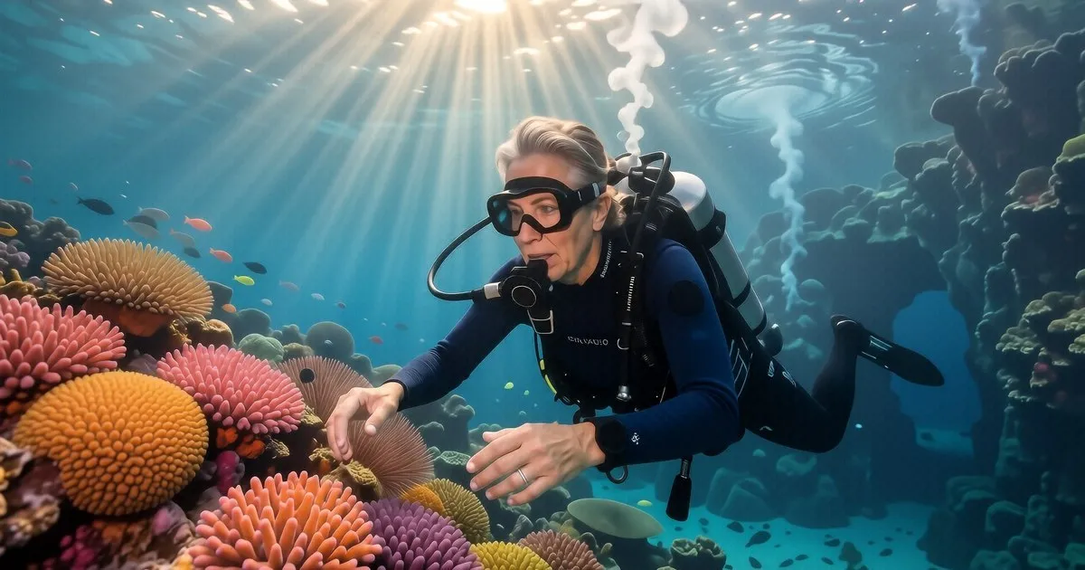 A diver checks a dive computer and mask next to an open dive bag on a wooden deck.