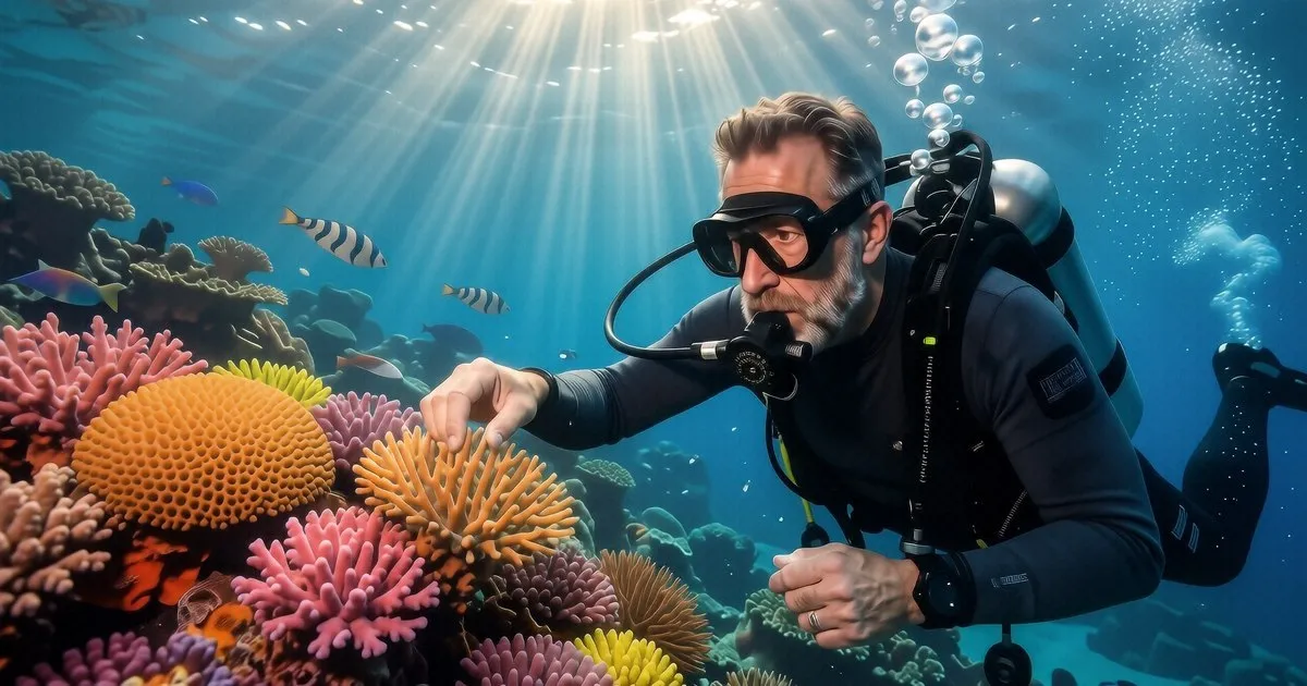 A diver checks their dive computer near a coral reef in Koh Tao.