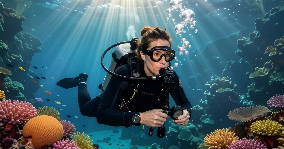 A diver performing a controlled emergency ascent simulation in blue water during a PADI Rescue Diver course.