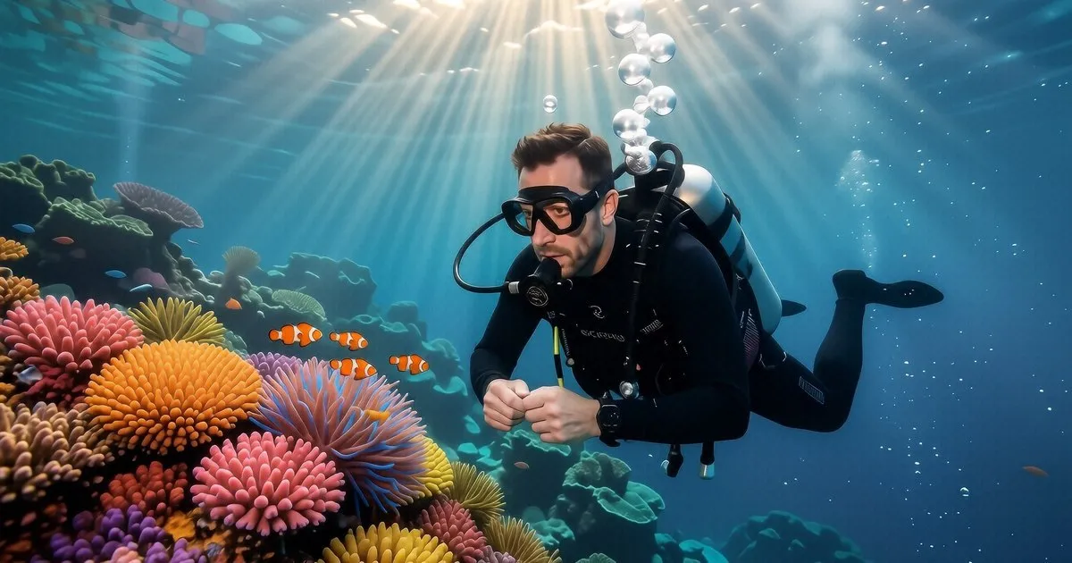 A split view showing a snorkeler on the surface and a scuba diver at 15m depth near a coral reef.