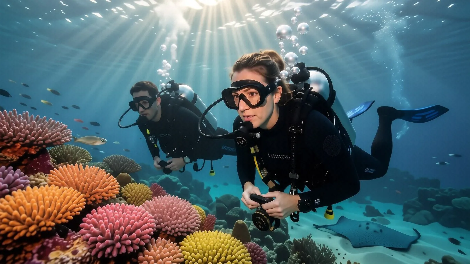 Green sea turtles swimming over shallow coral reefs at Siaba Besar in Komodo National Park.