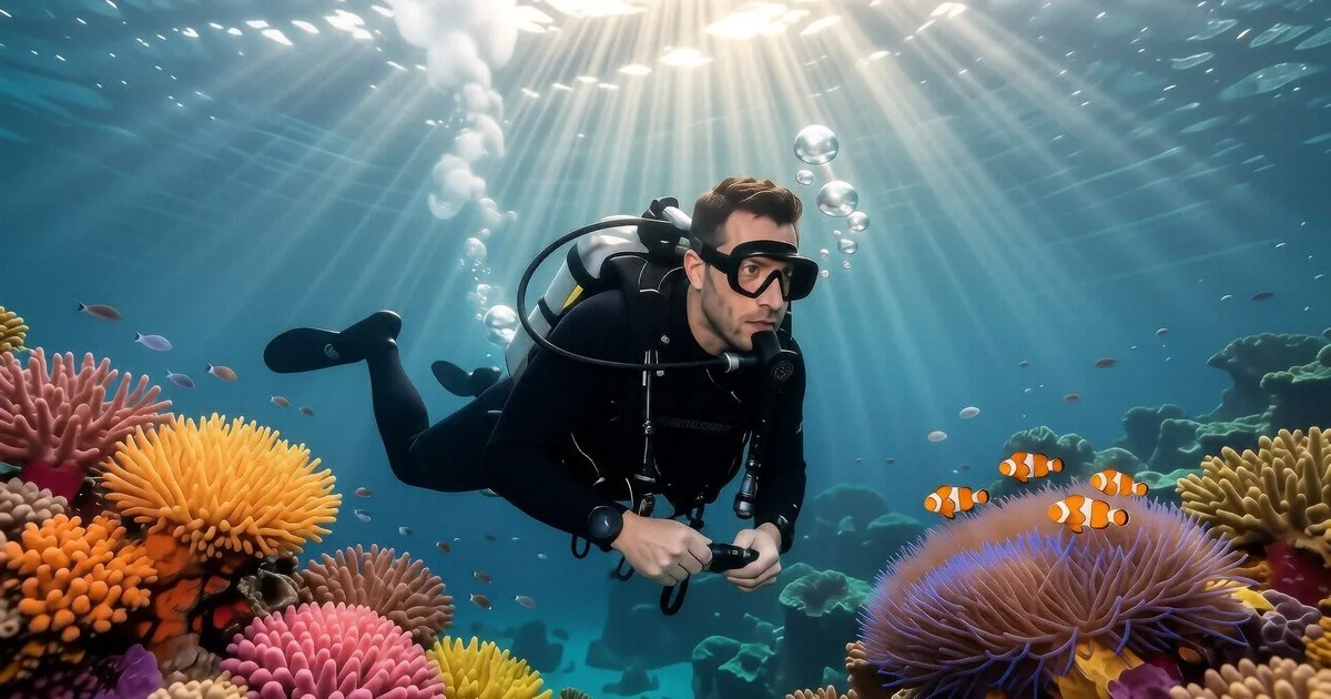 A diver in sidemount configuration swimming through a narrow wreck interior with twin tanks.