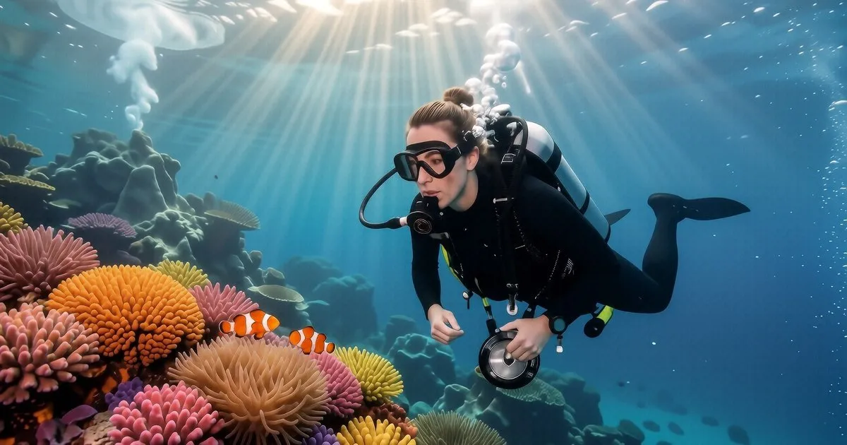 A diver uses dual underwater strobes and a large video light on a camera housing during a deep dive in Komodo.