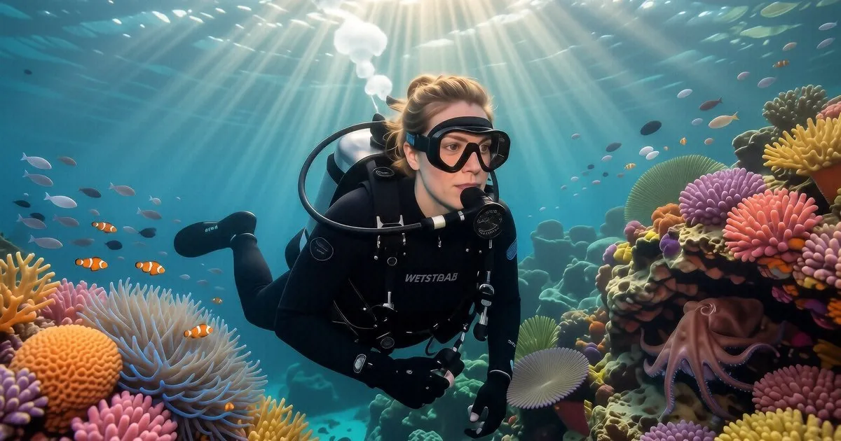 A diver in a black 5mm wetsuit checks their buoyancy near a coral reef in Koh Tao.