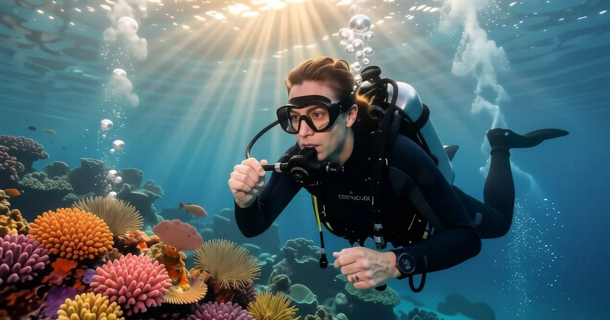 A diver swims through a dark, narrow corridor of a rusted shipwreck with a guide line visible.